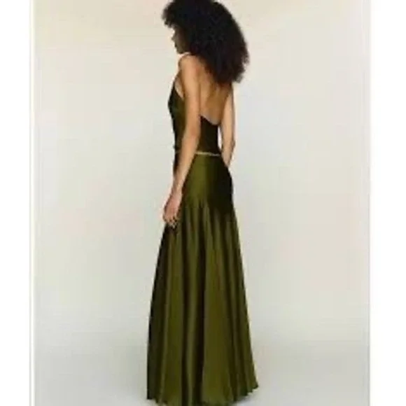 Reformation Sera Silk Two Piece Set Green Halter Crop Top Maxi Skirt - Picture 3 of 7